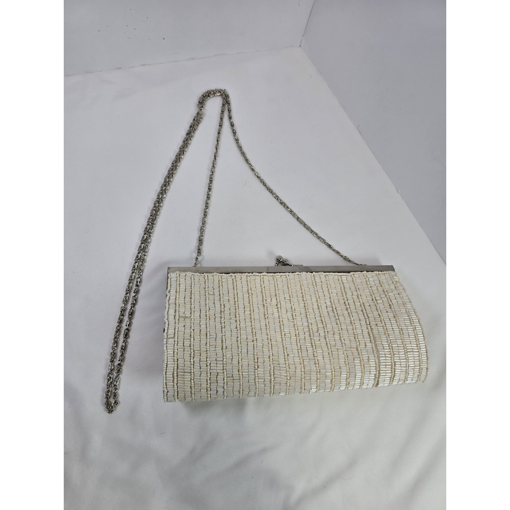 Carlo Fellini Fellini Ivory Beaded Evening Bag Clutch Purse Silver Chain Formal